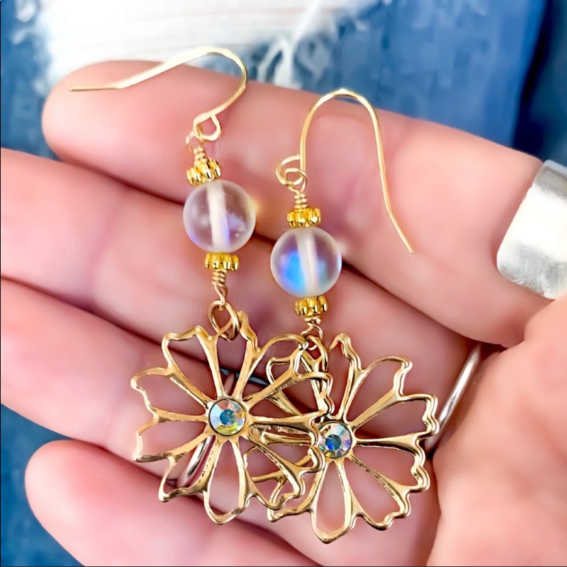 Nib Handmade Rainbow Moonstone Gold Flower Earrings W/ Ab Crystal